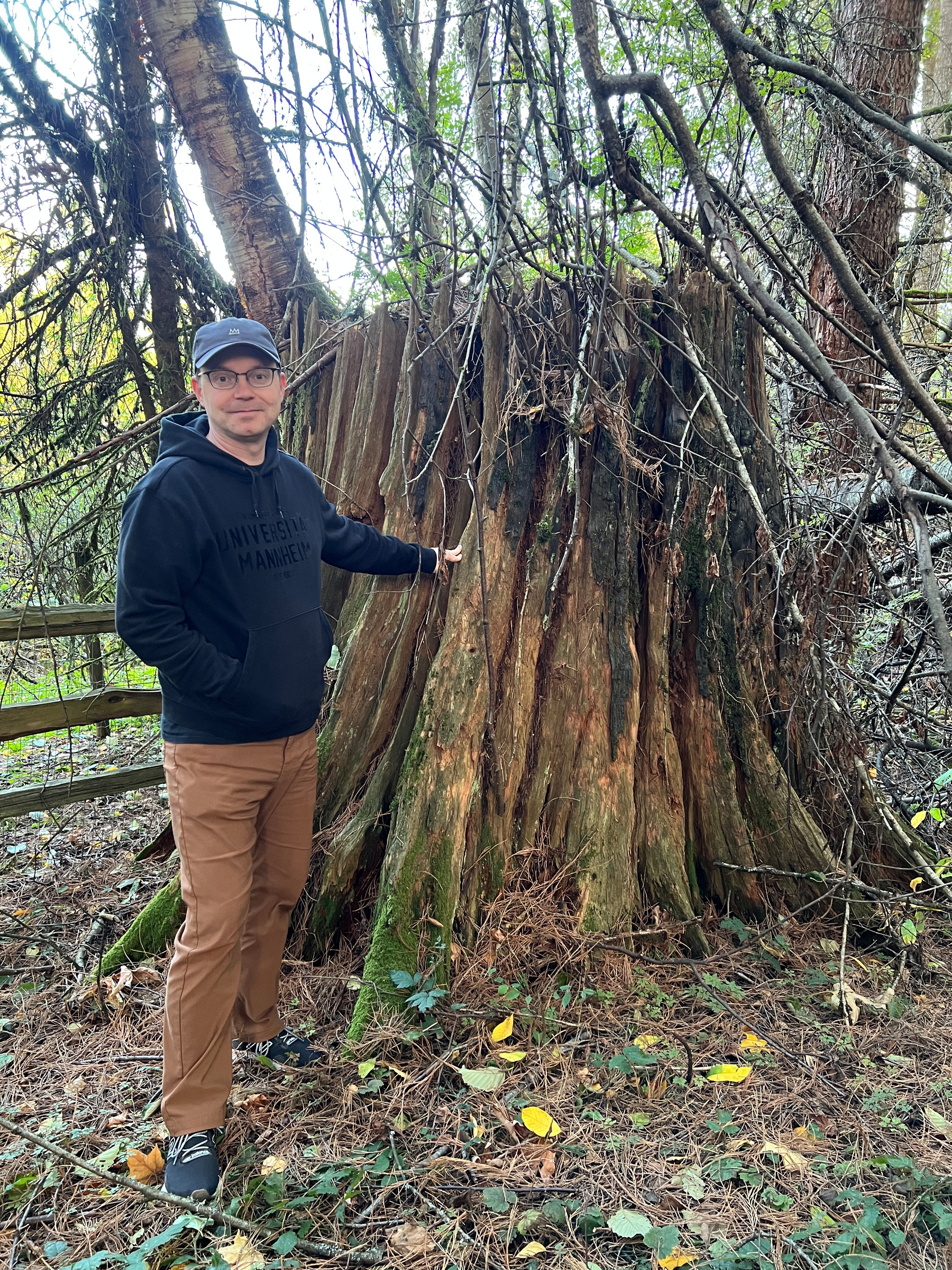 Chad standing beside a large old tree stump