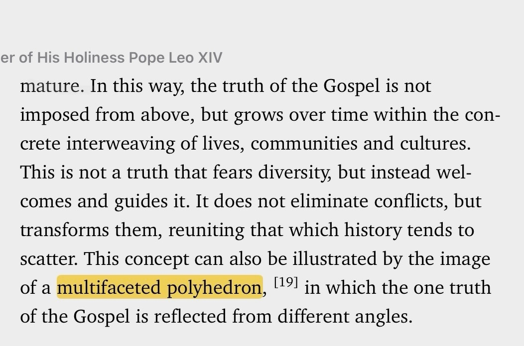 Screenshot of text: “the truth of the Gospel is not imposed from above, but grows over time within the concrete interweaving of lives, communities and cultures. This is not a truth that fears diversity, but instead welcomes and guides it. It does not eliminate conflicts, but transforms them, reuniting that which history tends to scatter. This concept can also be illustrated by the image of a multifaceted polyhedron, in which the one truth of the Gospel is reflected from different angles.” The phrase “multifaceted polyhedron” is highlighted