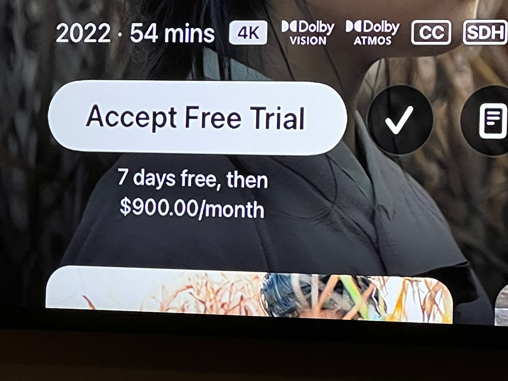 Screenshot of Apple TV showing the trial to be “7 days free, then $900.00/month”