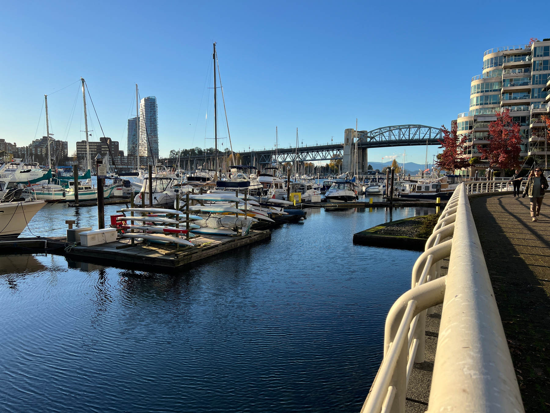 A marina filled with boats is situated next to a walkway and surrounded by urban buildings and Burrard Bridge in the background.