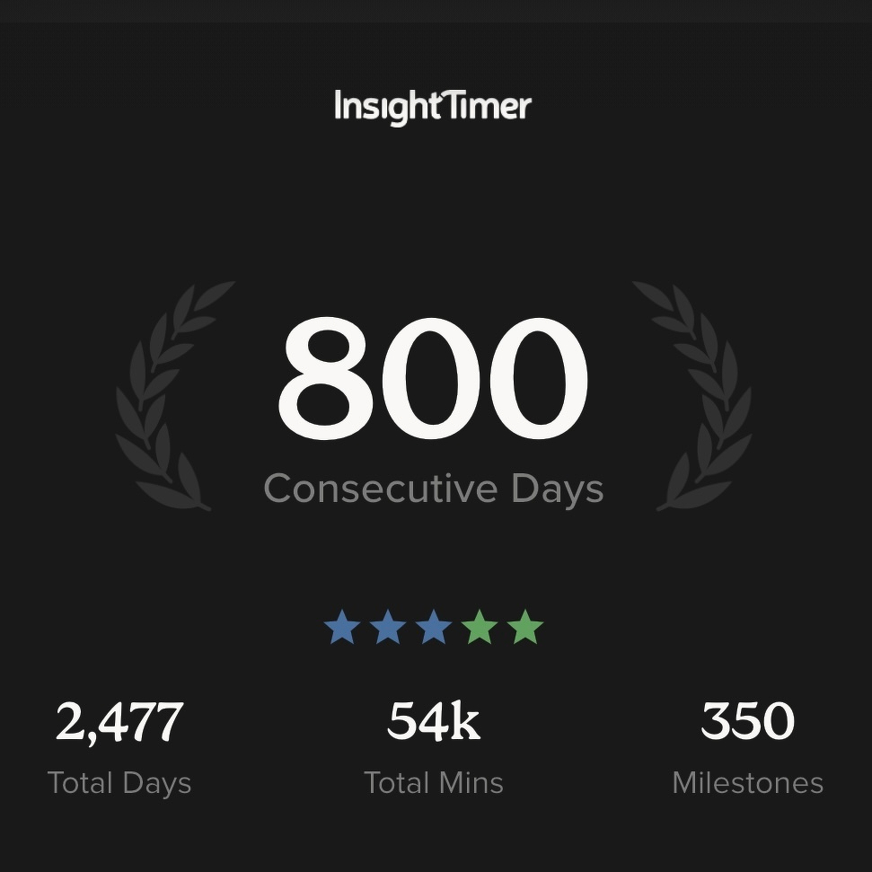 Screenshot of insight timer showing 800 consecutive days of meditation 