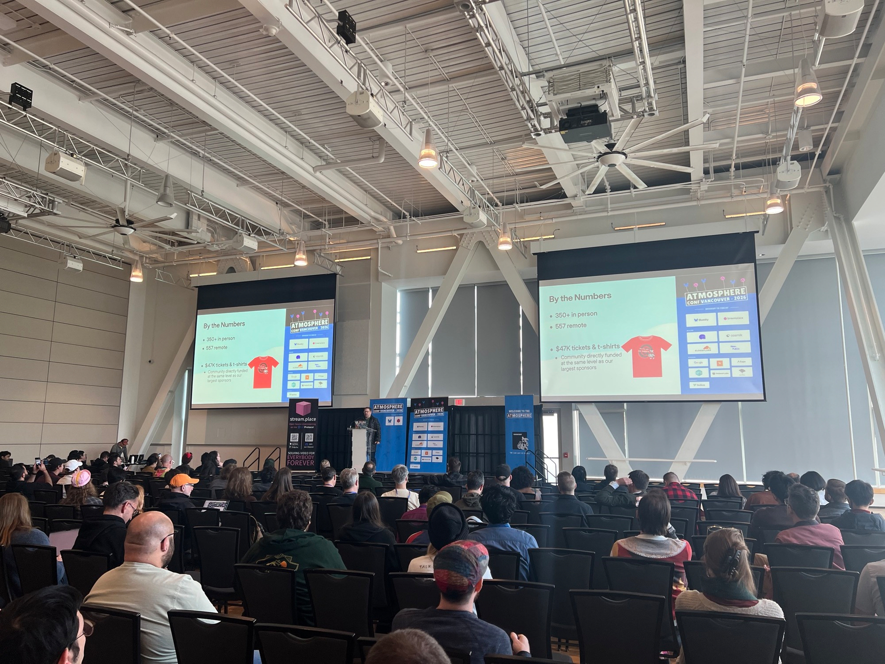 Closing ceremony in the main hall showing Boris Mann addressing a large crowd with slides presenting the numbers for the conf: 350+ in person tickets, 557 remote, totally $47K in ticket sales which means that the community funded the conf at the same level as the top corporate sponsors