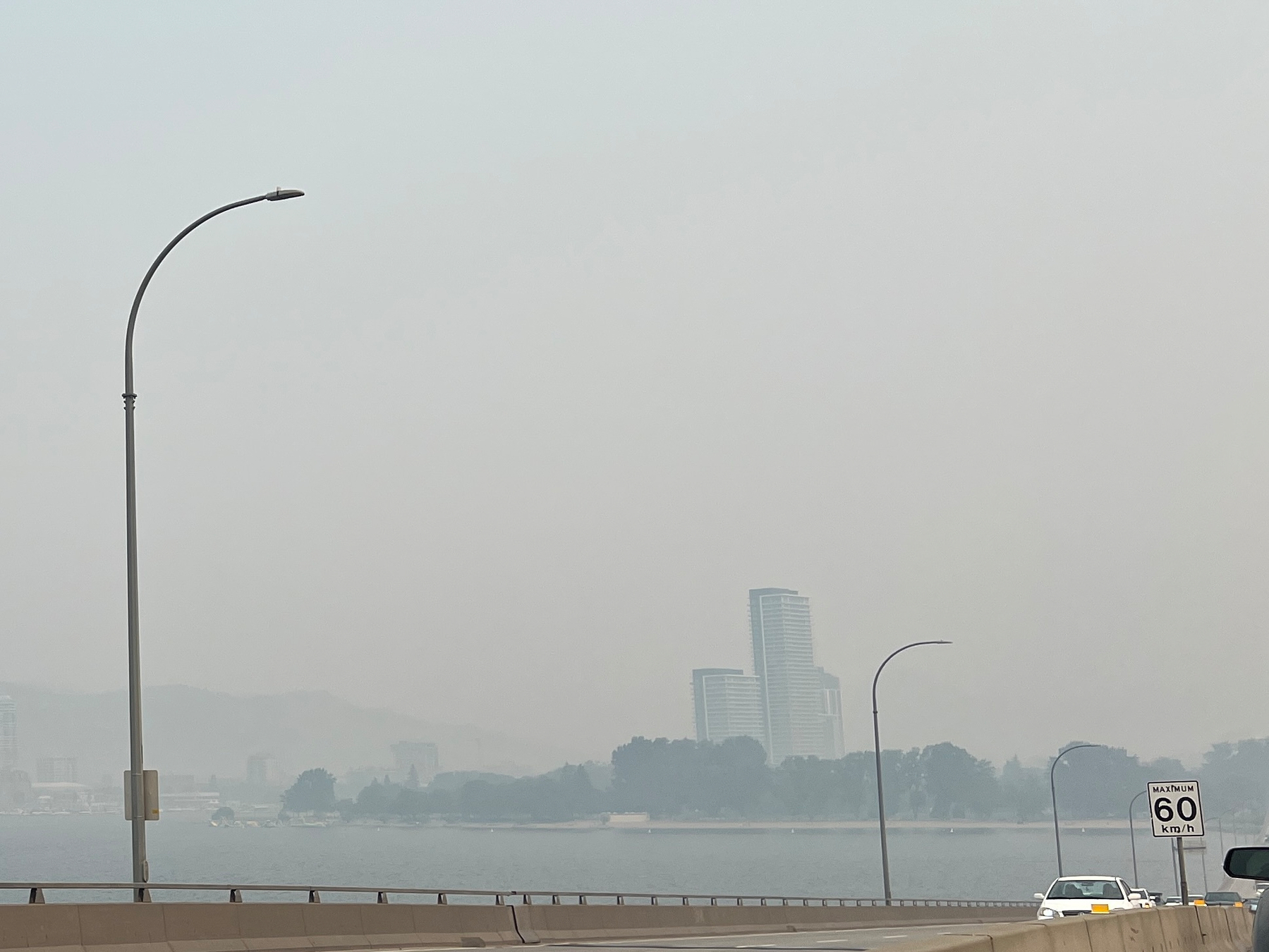 After almost crossing the bridge you can see a smoky downtown 