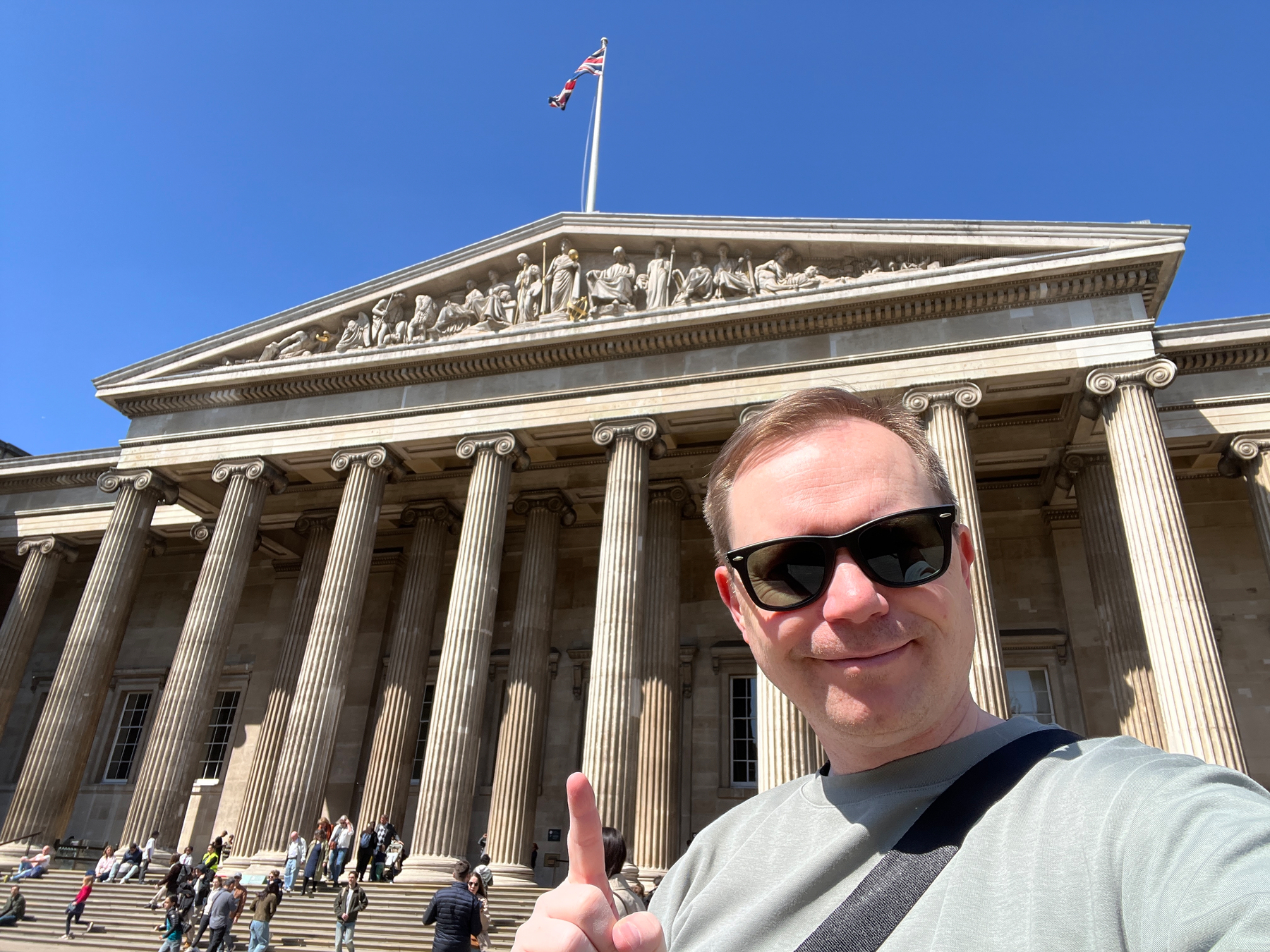 Chad selfie in front of the British Museum on a perfect blue sky afternoon