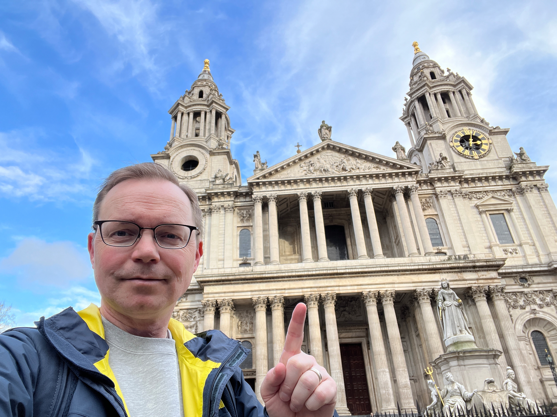 Chad points to the front of St Paul’s. can’t see the massive dome from this angle