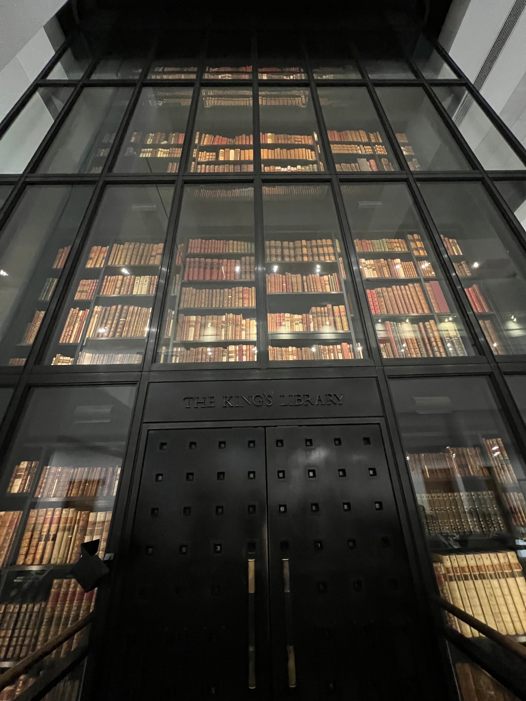 The King’s Library, a multi story column of books in the center of the library