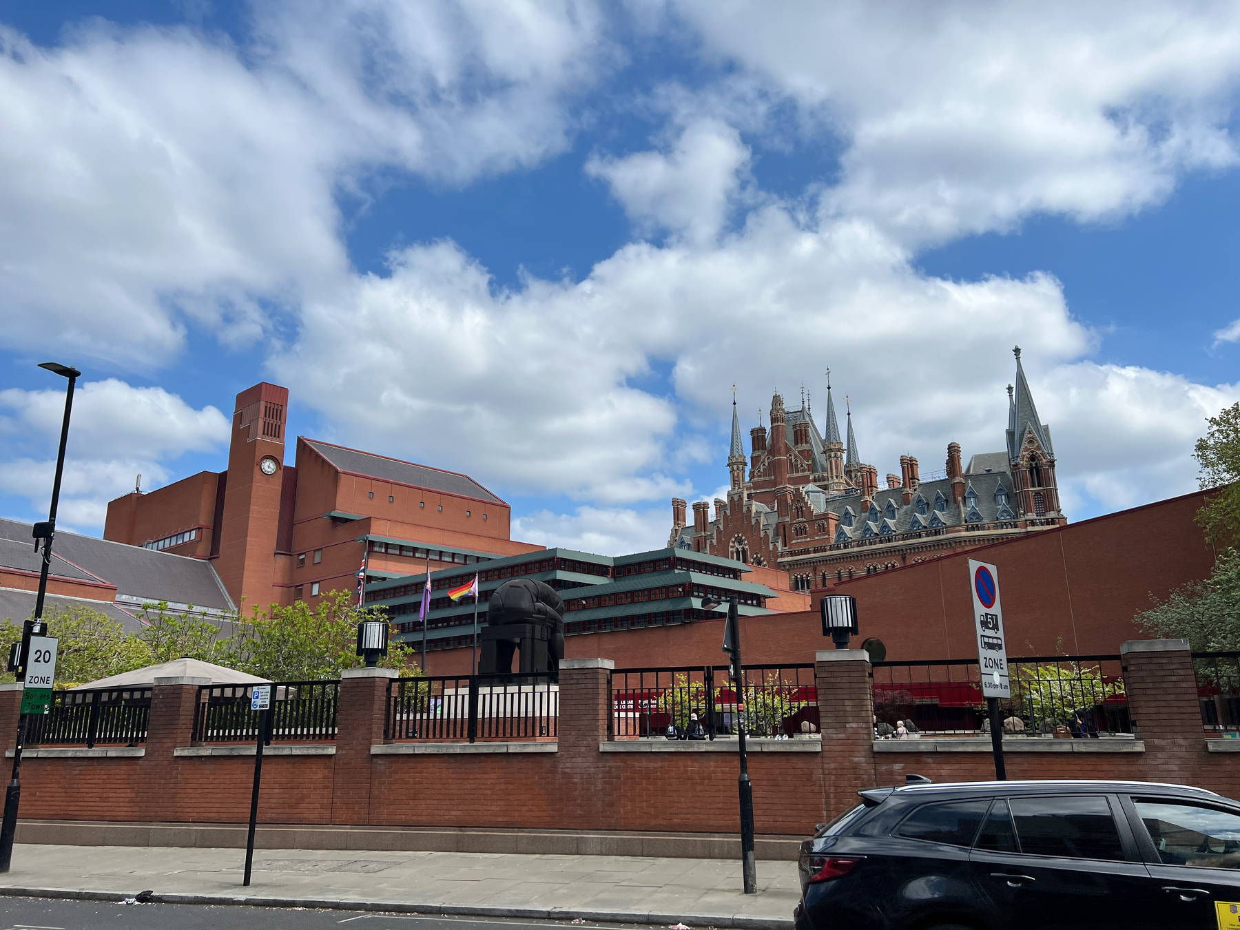The British Library in the foreground with St Pancras Station in the back to the right