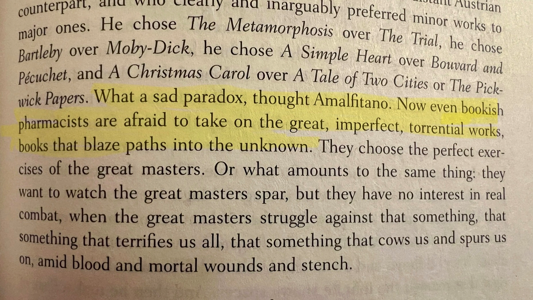 Highlighted passage from Roberto Bolaño’s 2666: “What a sad paradox, thought Amalfitano. Now even bookish Pharmacists are afraid to take on the great, imperfect, torrential works, books that blaze paths into the unknown.”