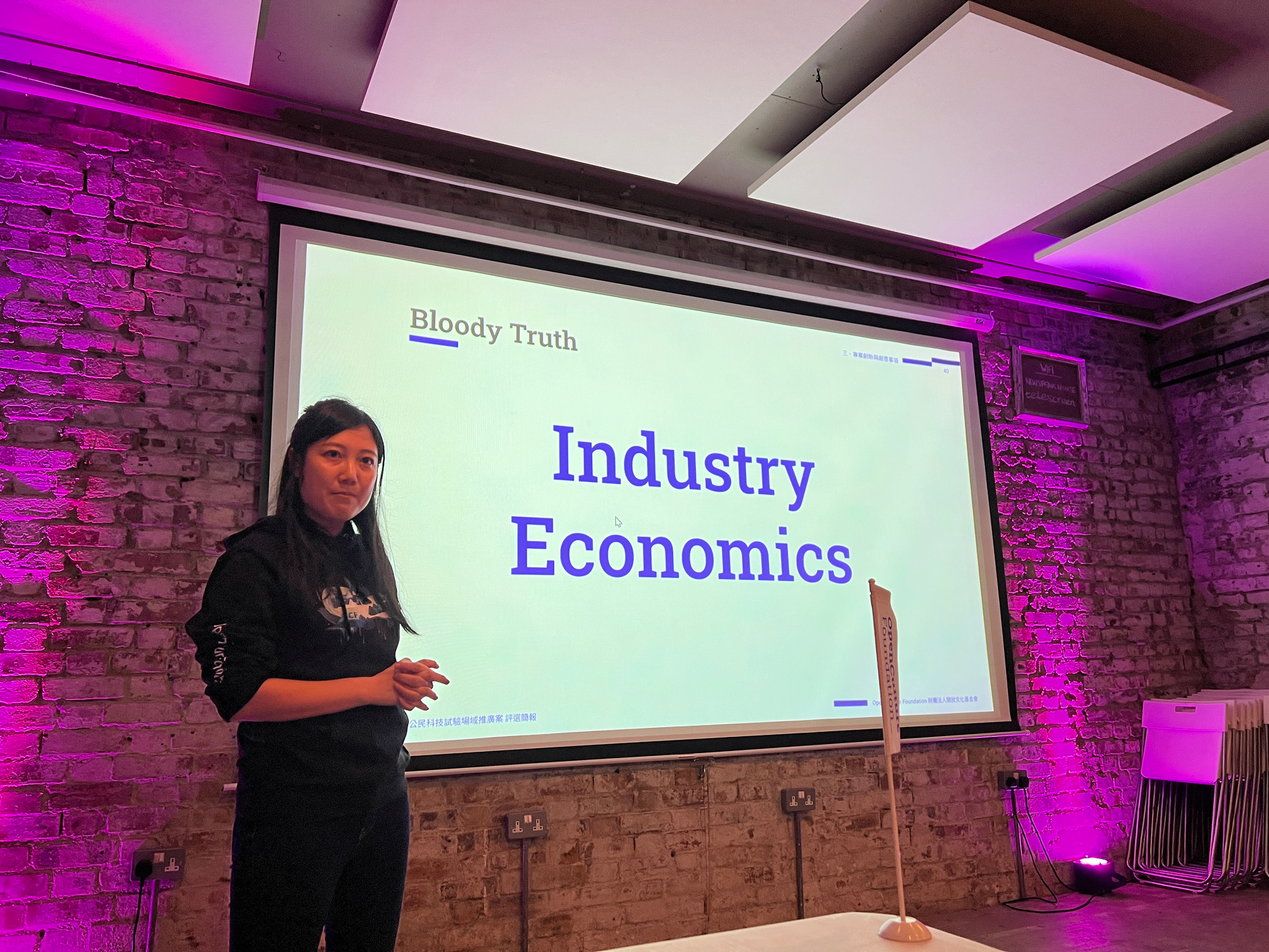 A presenter stands in front of a slide with the words INDUSTRY ECONOMICS super-titled "Bloody Truth" 🤣