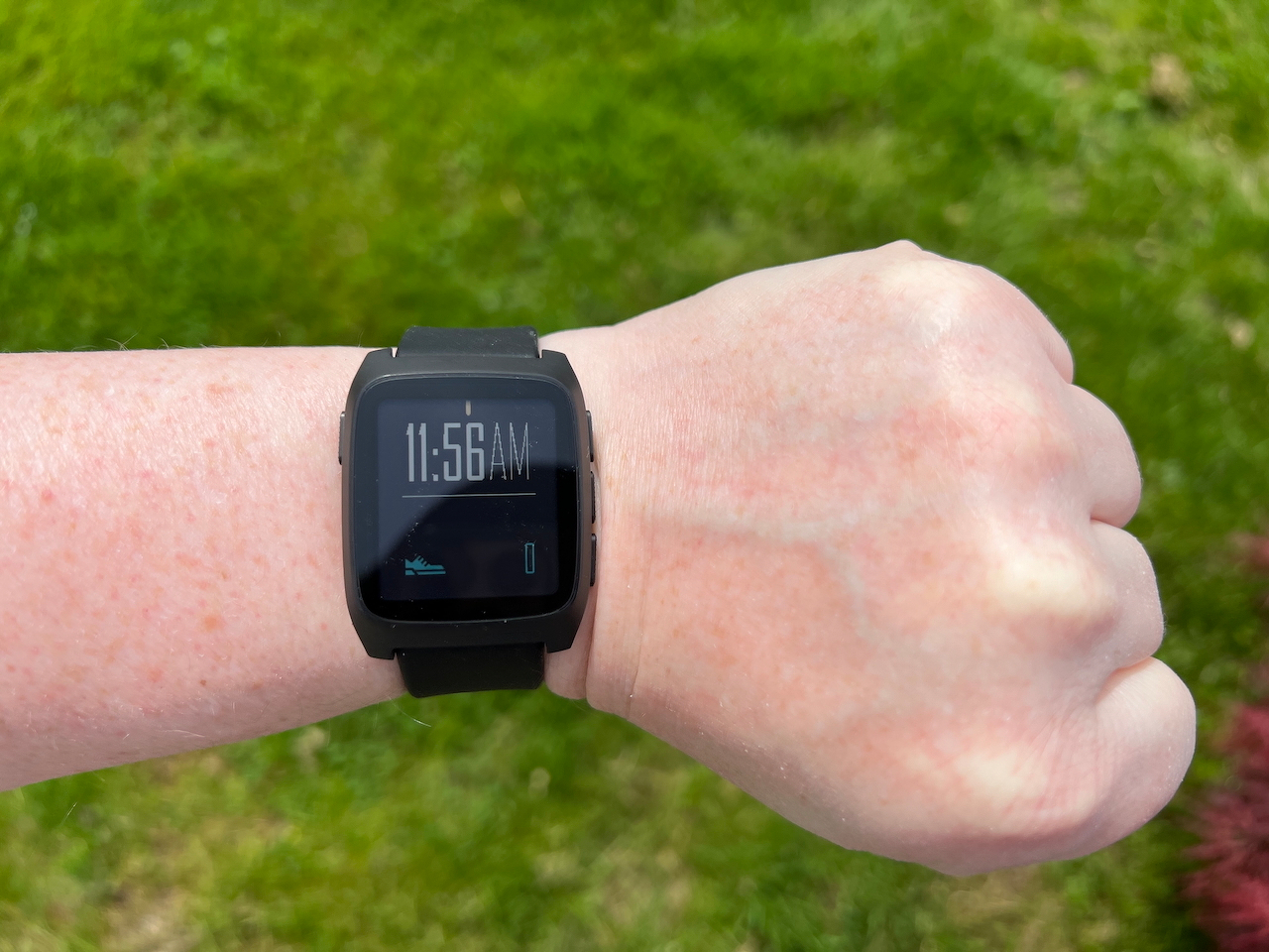 Watch on Chad's left hand with colour eInk display on