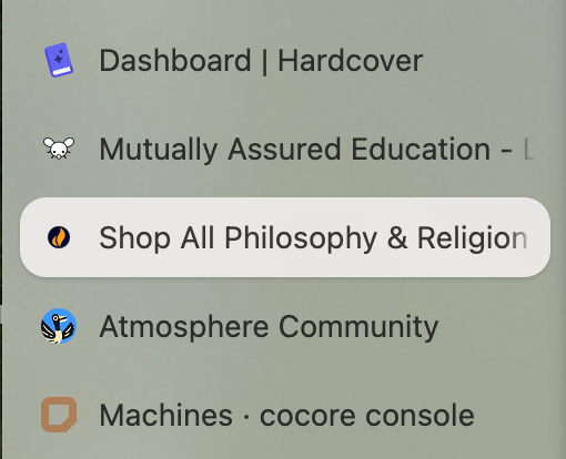 A list of tabs in the Zen Browser sidebar with the following title highlighted: "Shop All Philosophy & Religion"