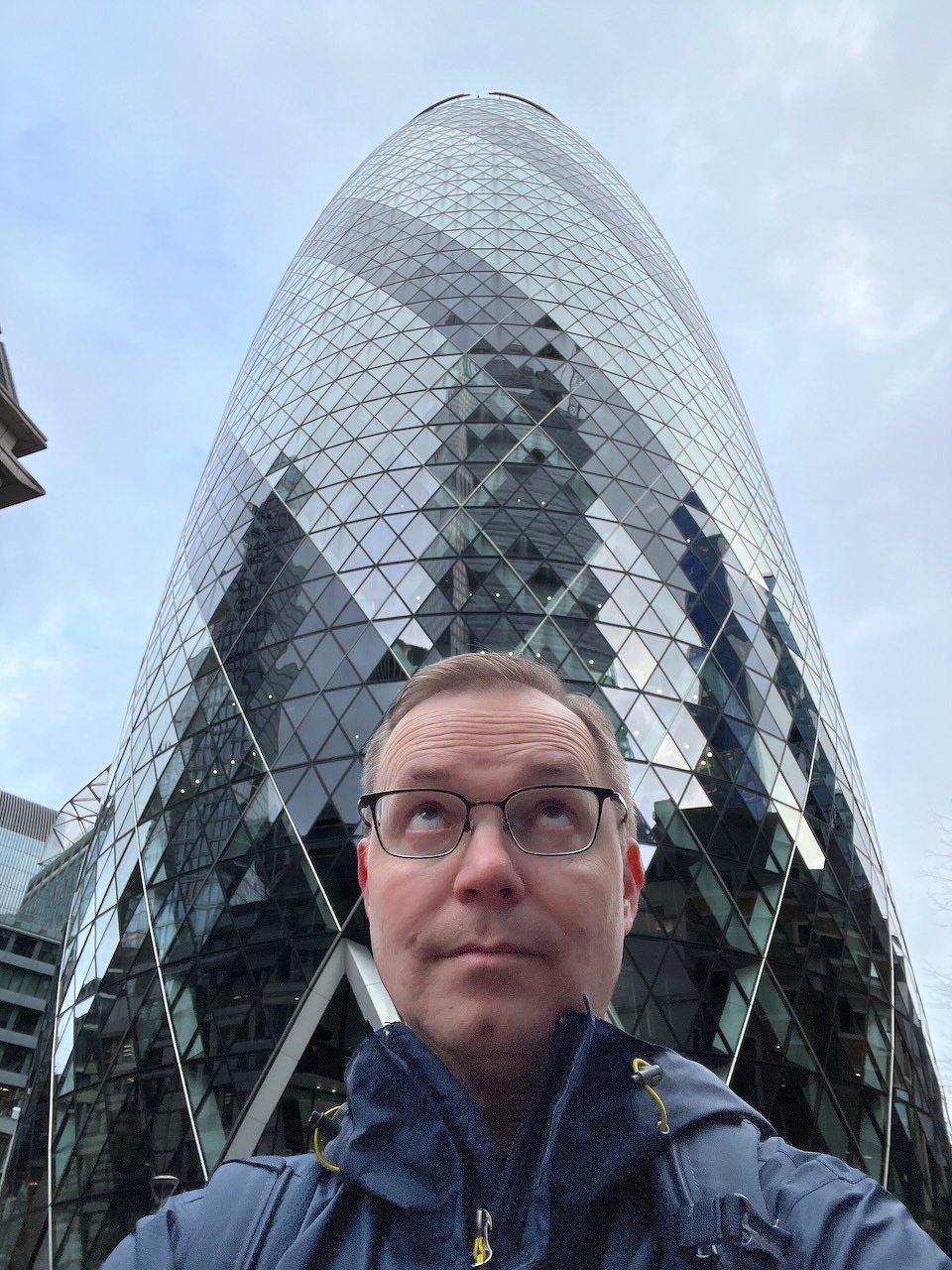 Chad selfie looking up at The Gherkin