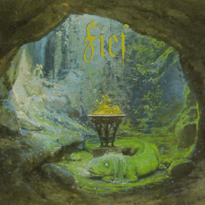 The album cover for Fief's album II. The artwork is from the viewpoint of someone looking into a green space inside a cave, there is a pedestal with fire on it and a large green reptilian creature laying on the ground wrapped around the pedestal.