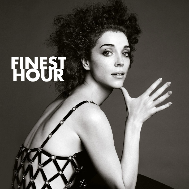 A black and white photo of the musical artist St Vincent in a black dress, sitting side-on to the camera. A logo says Finest Hour.