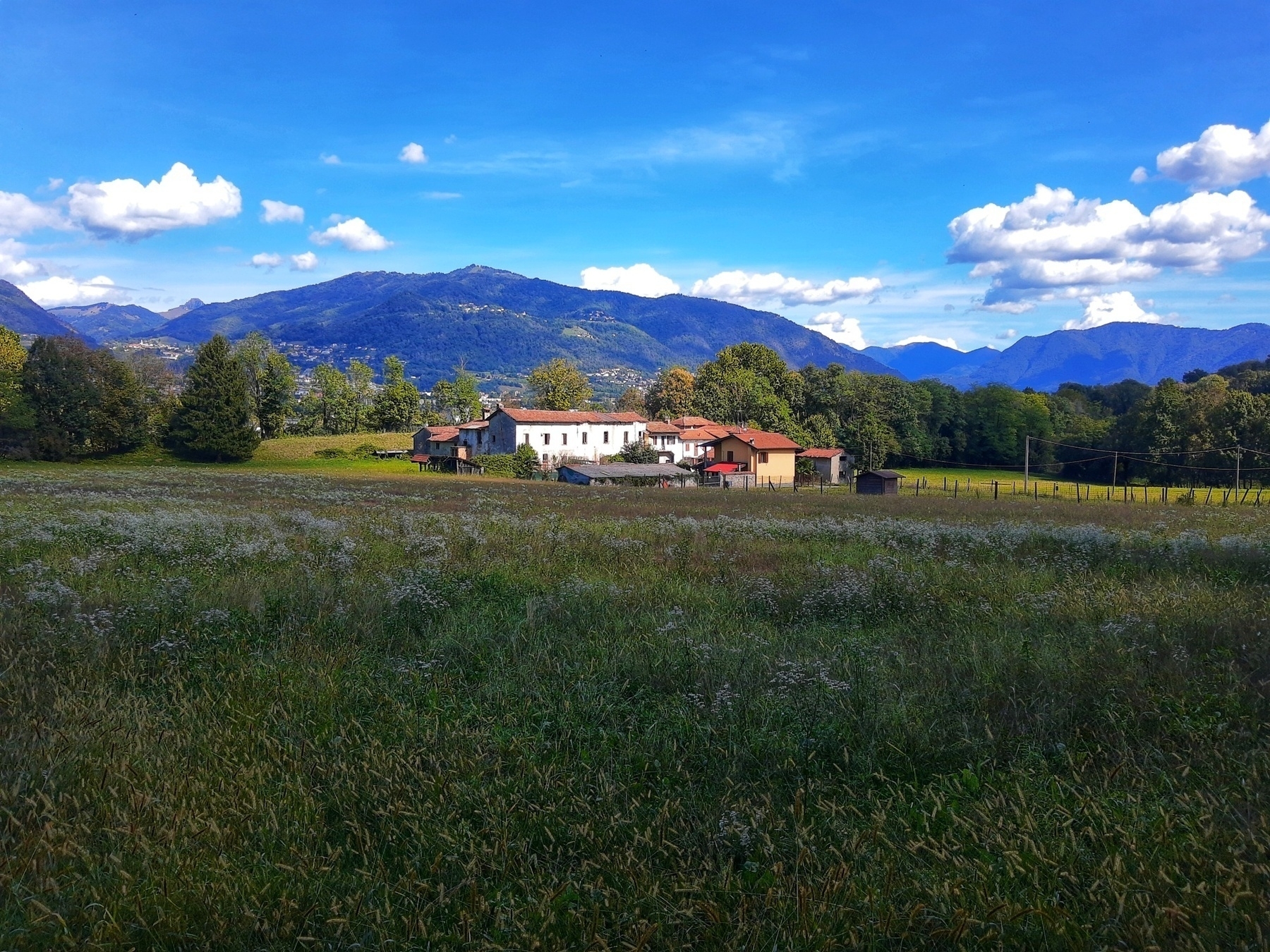 A serene countryside landscape features a farmhouse surrounded by lush fields and distant mountains under a blue sky with scattered clouds.