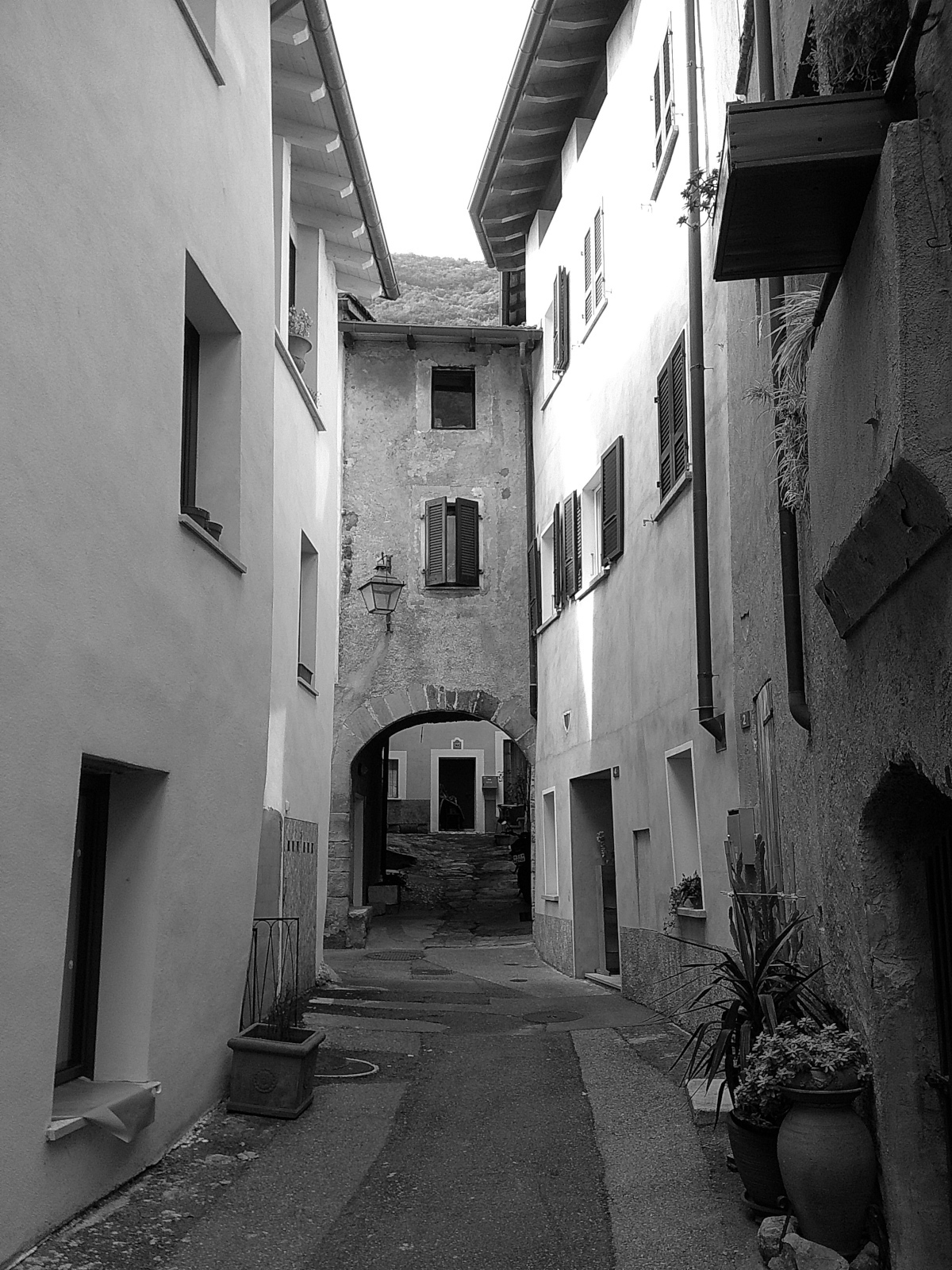 Auto-generated description: A narrow cobblestone alley is flanked by tall, rustic buildings with shuttered windows, leading to an arched passageway.