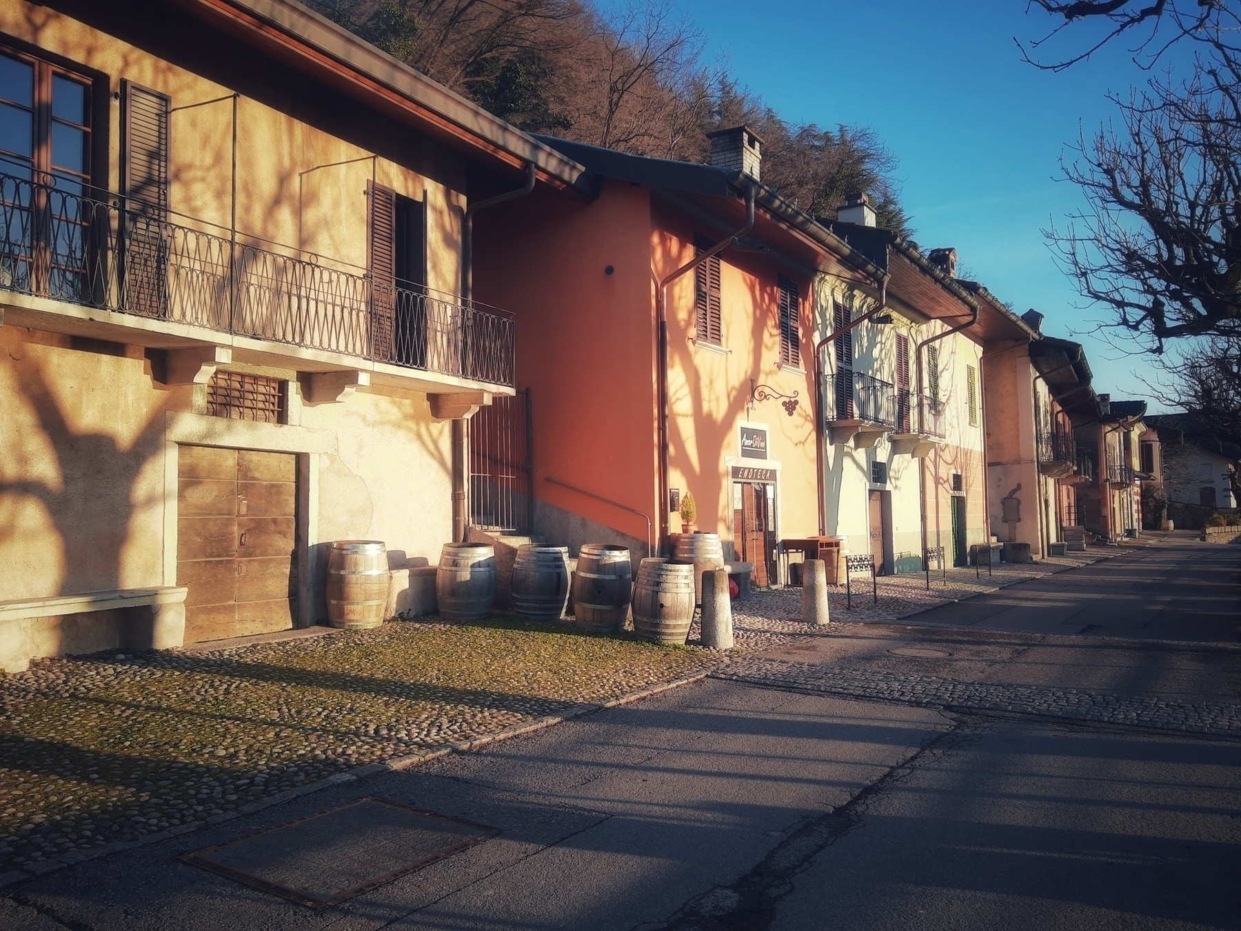 Auto-generated description: A quaint street is lined with colorful buildings, wooden barrels, and bare trees under a clear blue sky.