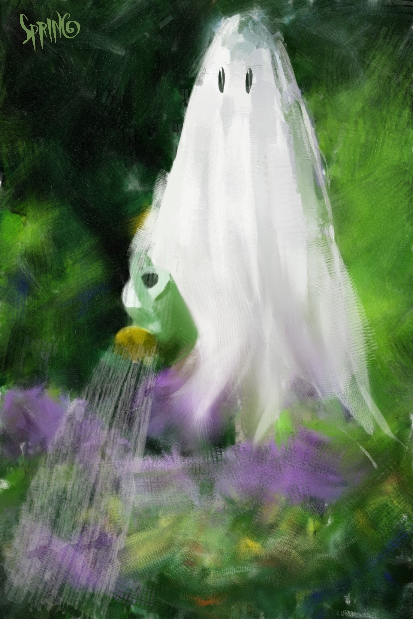 A ghost (species: white sheet) floating in a verdant garden, flush with purple allium and other colorful flowers. The ghost is holding a green watering can with a yellow spout, tipped forward, water streaming forth. Painting style resembles oil pastel over dried water color, raked with…a rake (lots of subtle, random cross-hatching dry-brush cut into the oils to add visual texture). Text in upper right corner: “Spring” brush painted, the G coiled like a spring. Because I’m so fooking clever. 