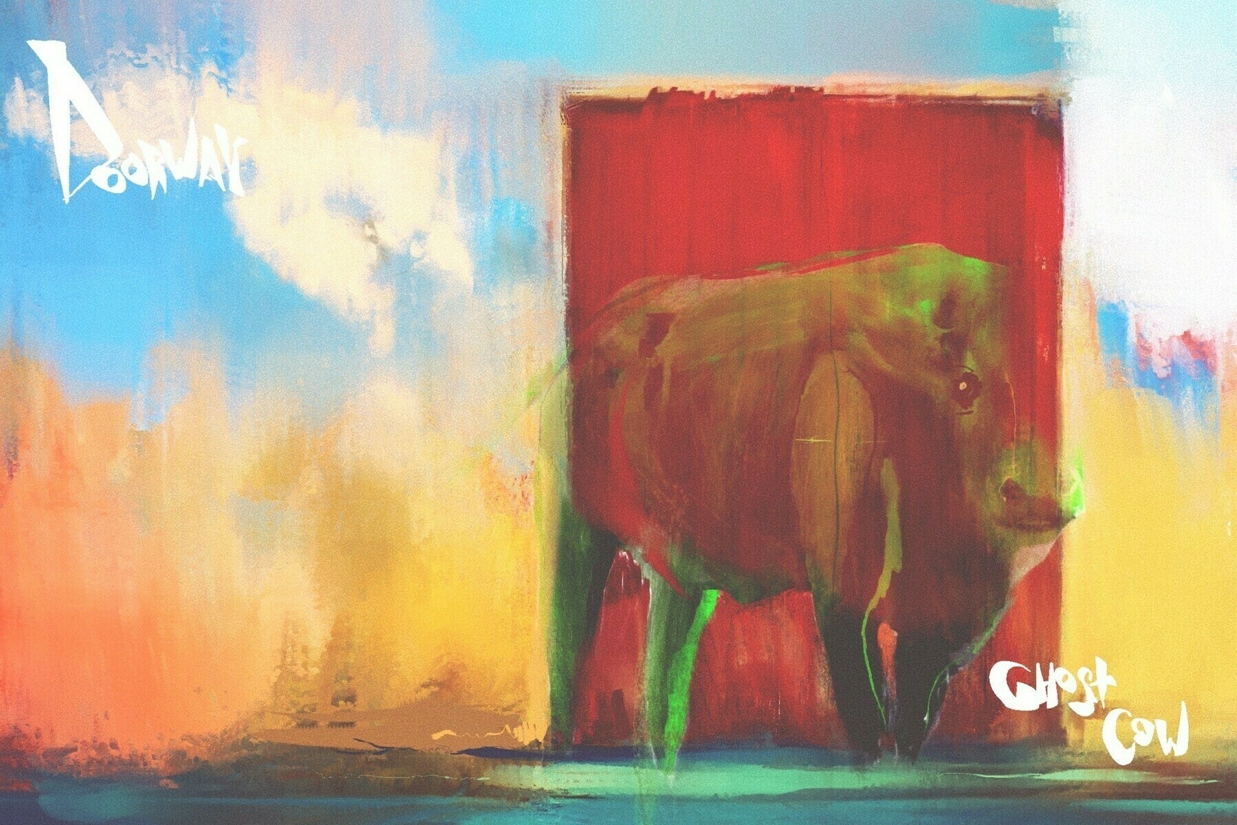 Painting of a landscape: blue sky, white clouds. Autumn foliage in the background. Or maybe it’s corn. It’s abstracted, it can be whatever you want. A red barn door stands in front of the scene, just the door. No barn. A semi-transparent ghost cow, tinged green, stands in front of the door. The red barn paint shows through the cow in various intensities. She’s supposed to look friendly but I may have failed on that count. You get what you get on a daily challenge :)&10;&10;Text in the upper left corner: Doorway&10;Text in the lower right corner: Ghost Cow