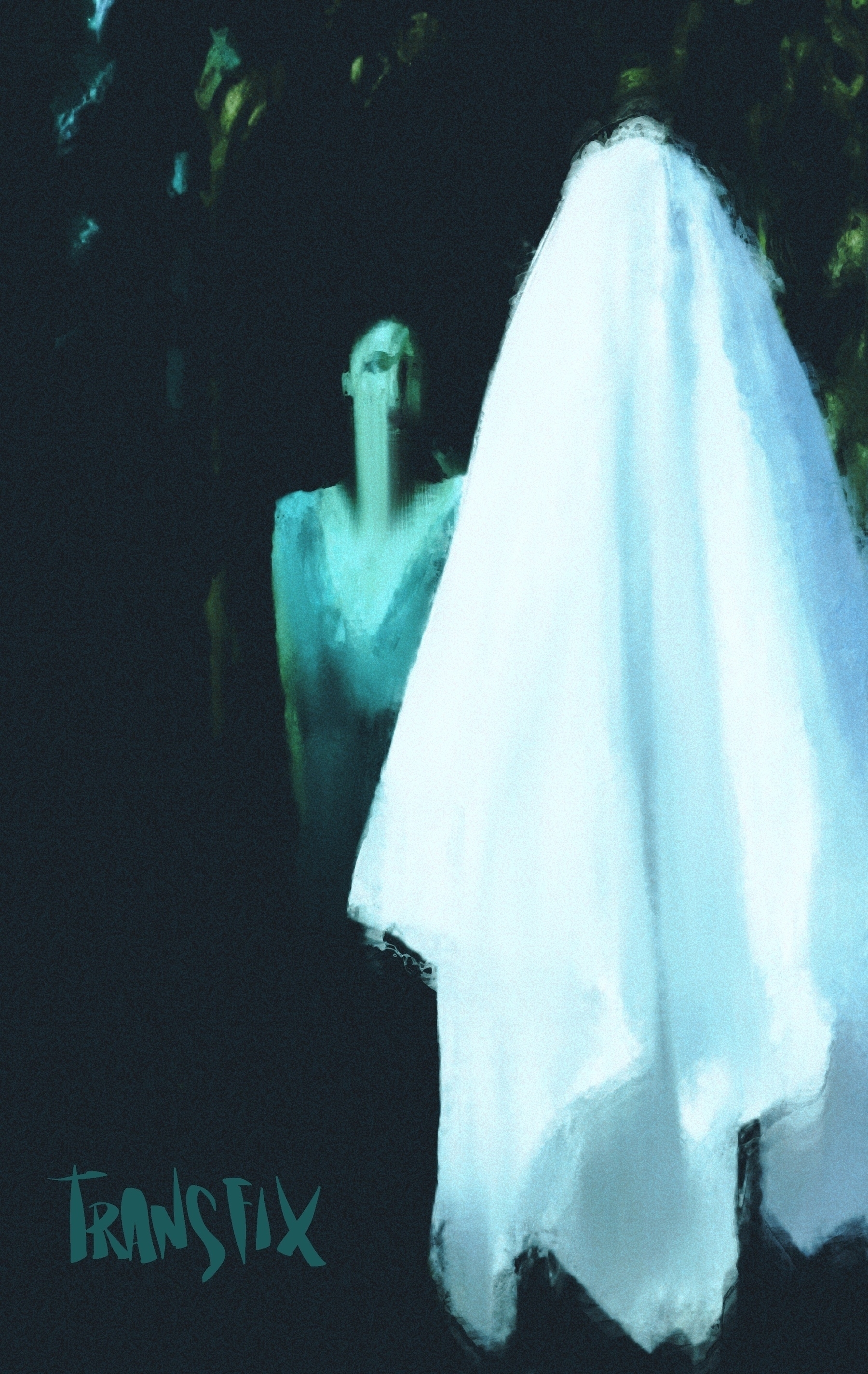 Painting of a ghost (the white sheet variety) facing away from us, gazing into a large floor-standing mirror. [I messed up the mirror frame so I chose to blend most of the detail into the background] In the mirror image a human figure stands where the ghost ought to be reflected; the figure seems hairless, wearing a pale blue dress. The figure stares, hard, at the ghost’s face… or, where we assume a face would be. &10;&10;Text in bottom left corner: “transfix”