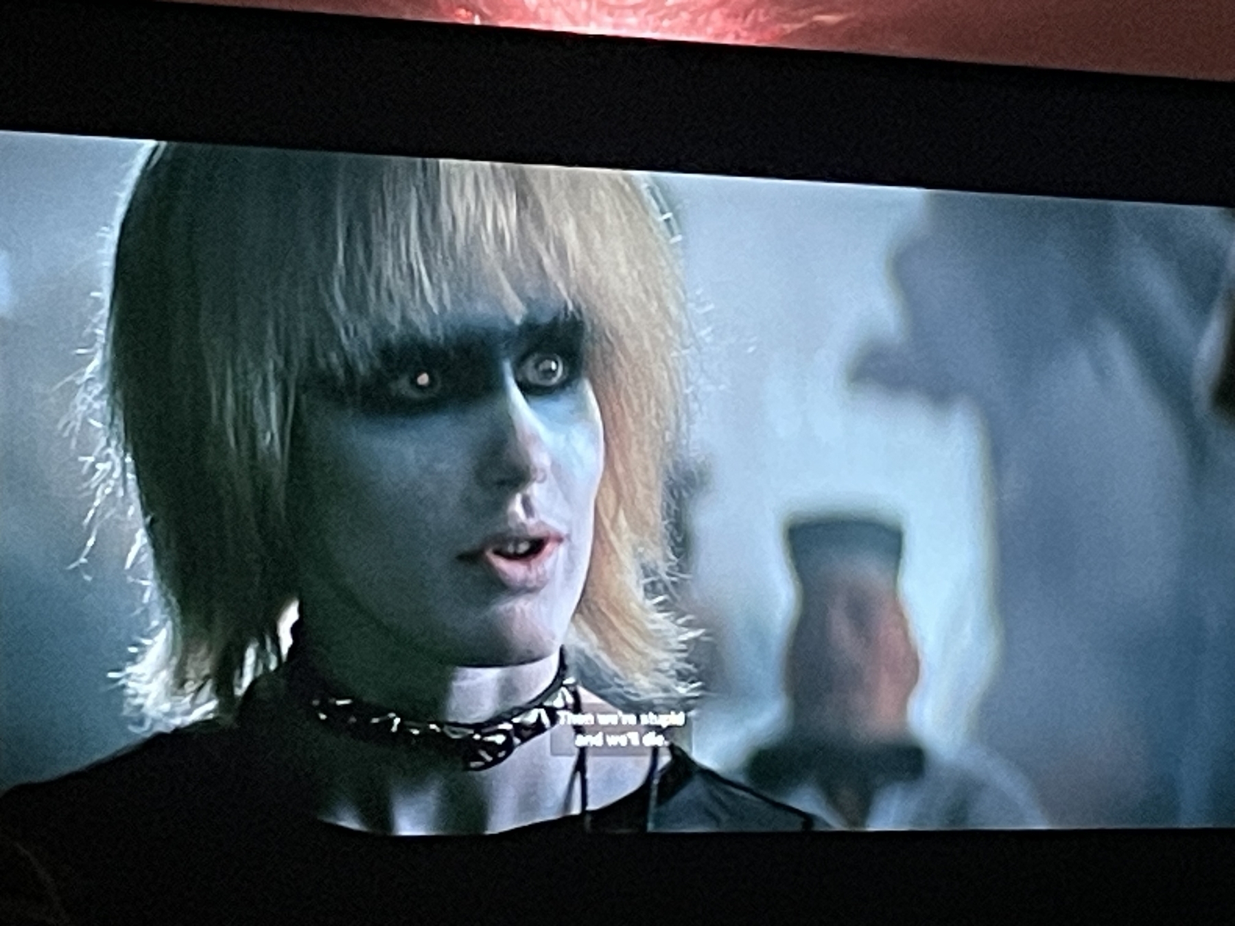 Still from the movie showing Prys — played by Daryl Hannah in a blonde wig and raccoon-like makeup — saying the quote. 