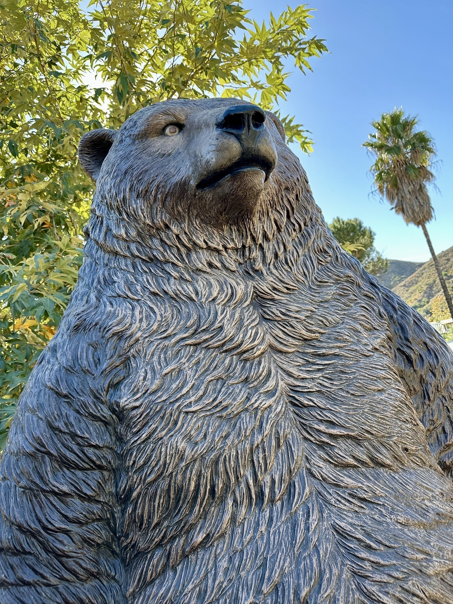 Close up of a carved bear likeness.