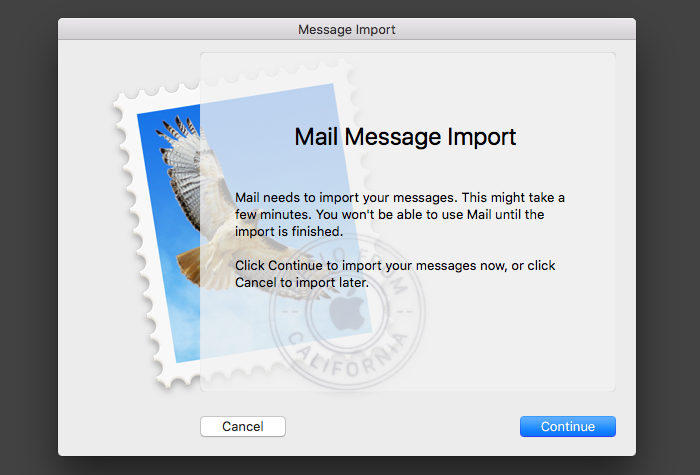 Auto-generated description: A Mail Message Import window prompts users to continue importing messages, with options to either proceed or cancel.