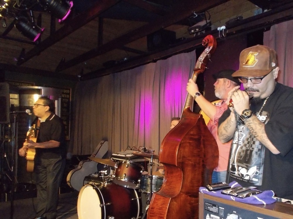 Auto-generated description: A band is performing on stage, featuring a guitarist, drummer, upright bass player, and harmonica player.