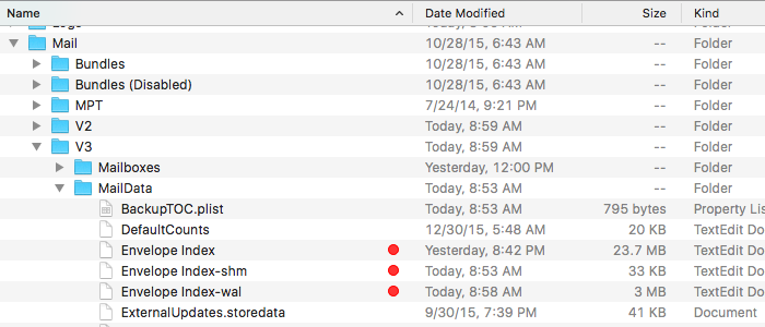 Auto-generated description: A computer file directory shows folders and files with names, modification dates, sizes, and types, including envelope index files with alerts.