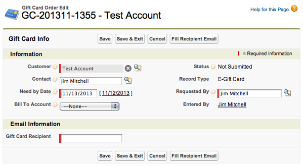 Auto-generated description: A digital form for editing a gift card order displays various fields such as customer details, order number, and email information.