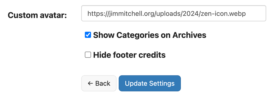 Auto-generated description: A settings interface for customizing a website shows options for uploading a custom avatar, displaying categories on archives, and hiding footer credits, with buttons for going back and updating settings.