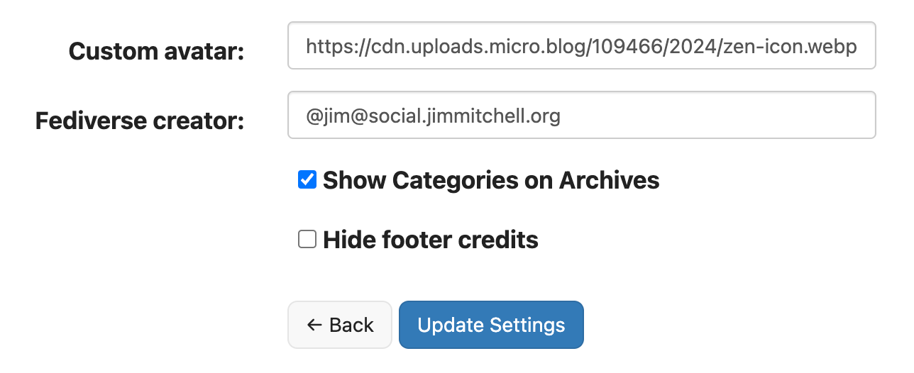 Auto-generated description: A settings interface with options for a custom avatar, Fediverse creator, category display, and footer credits.