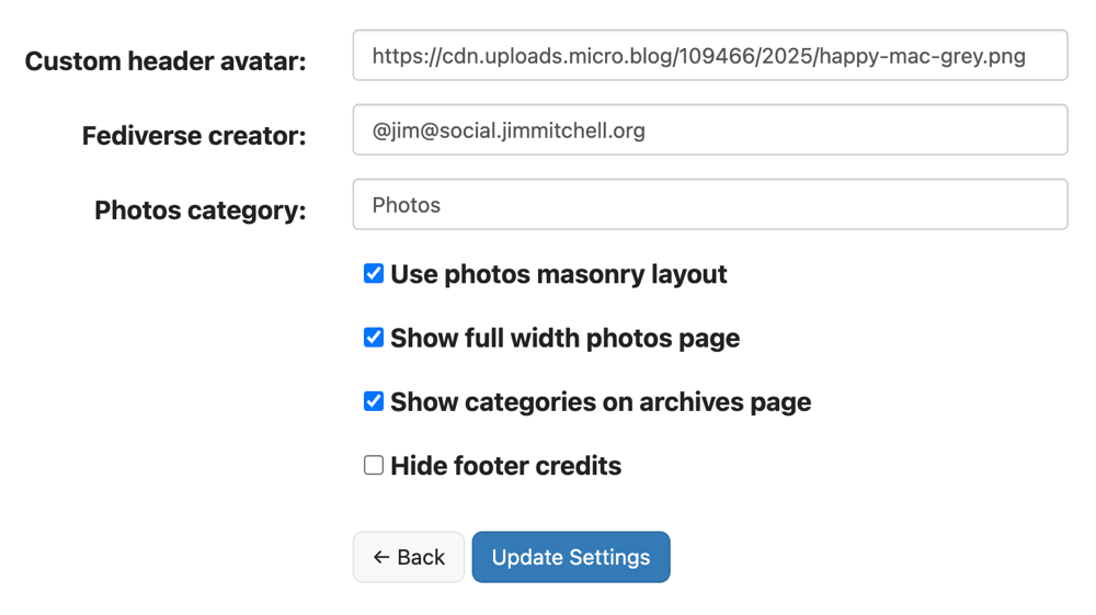 Micro.blog mnml theme settings for update v2.3.0.