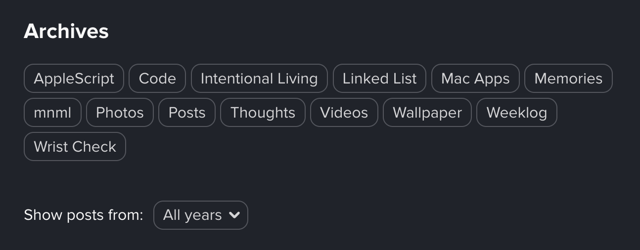Auto-generated description: A collection of tags or categories such as AppleScript, Code, and Linked List is displayed for organizing archives, with a dropdown menu for selecting the year of posts.