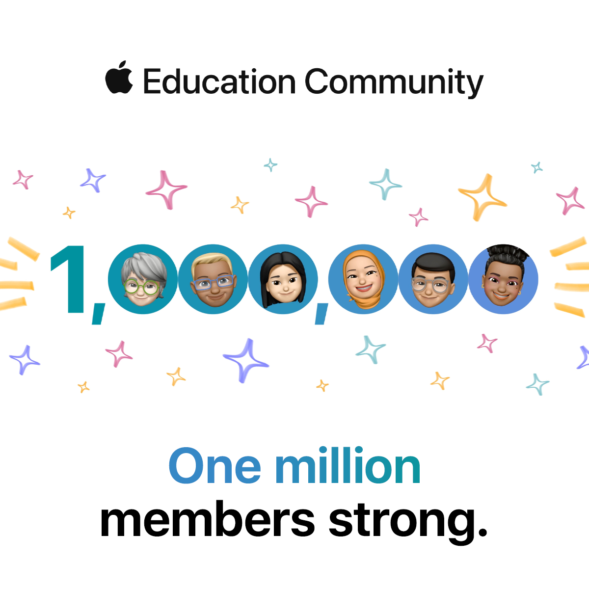 “Graphic featuring diverse Memoji and flourishes celebrating one million members strong in the Apple Education Community”