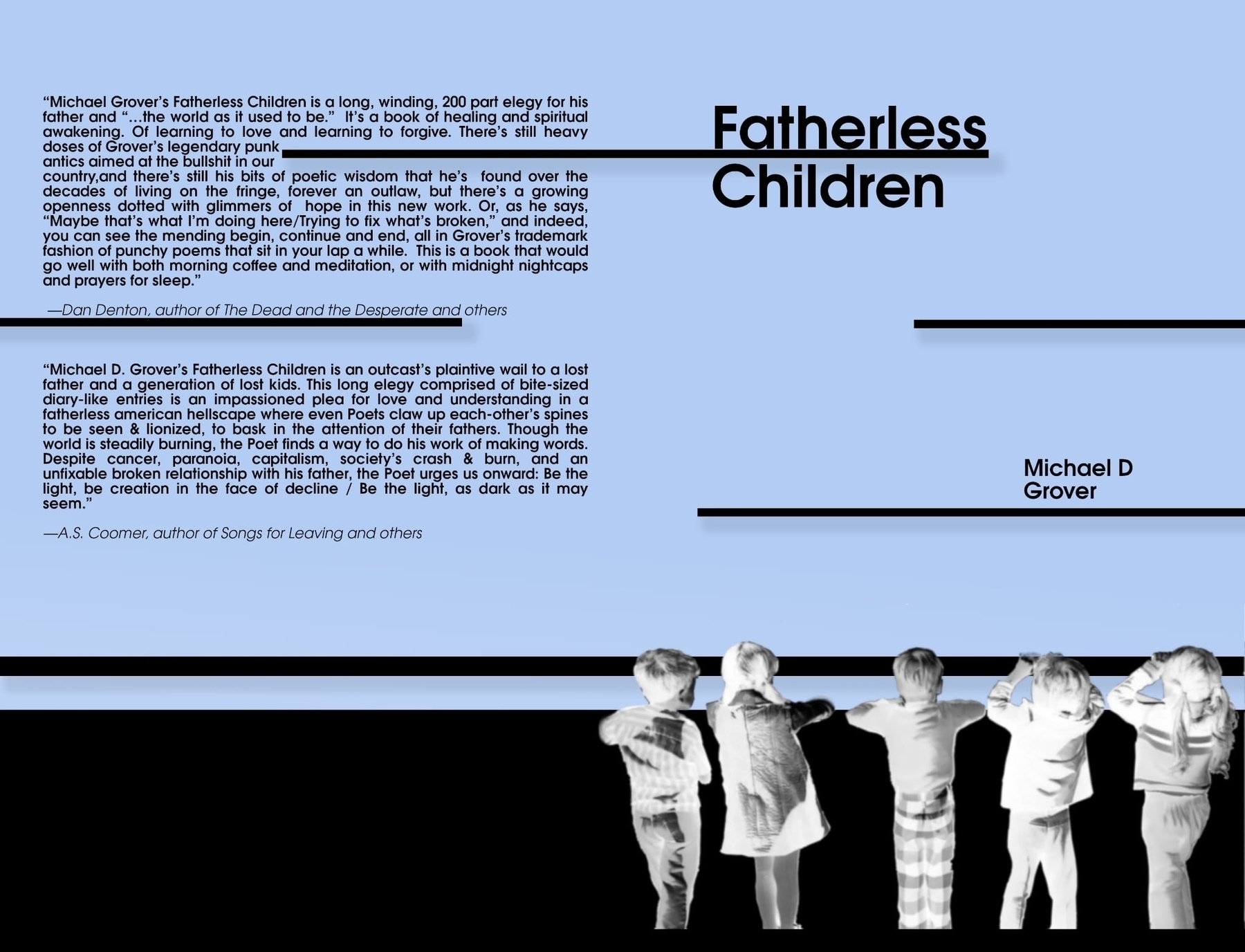 A group of silhouetted children is featured in front of an abstract background with blue and black elements, accompanied by text and reviews for "Fatherless Children" by Michael D Grover.