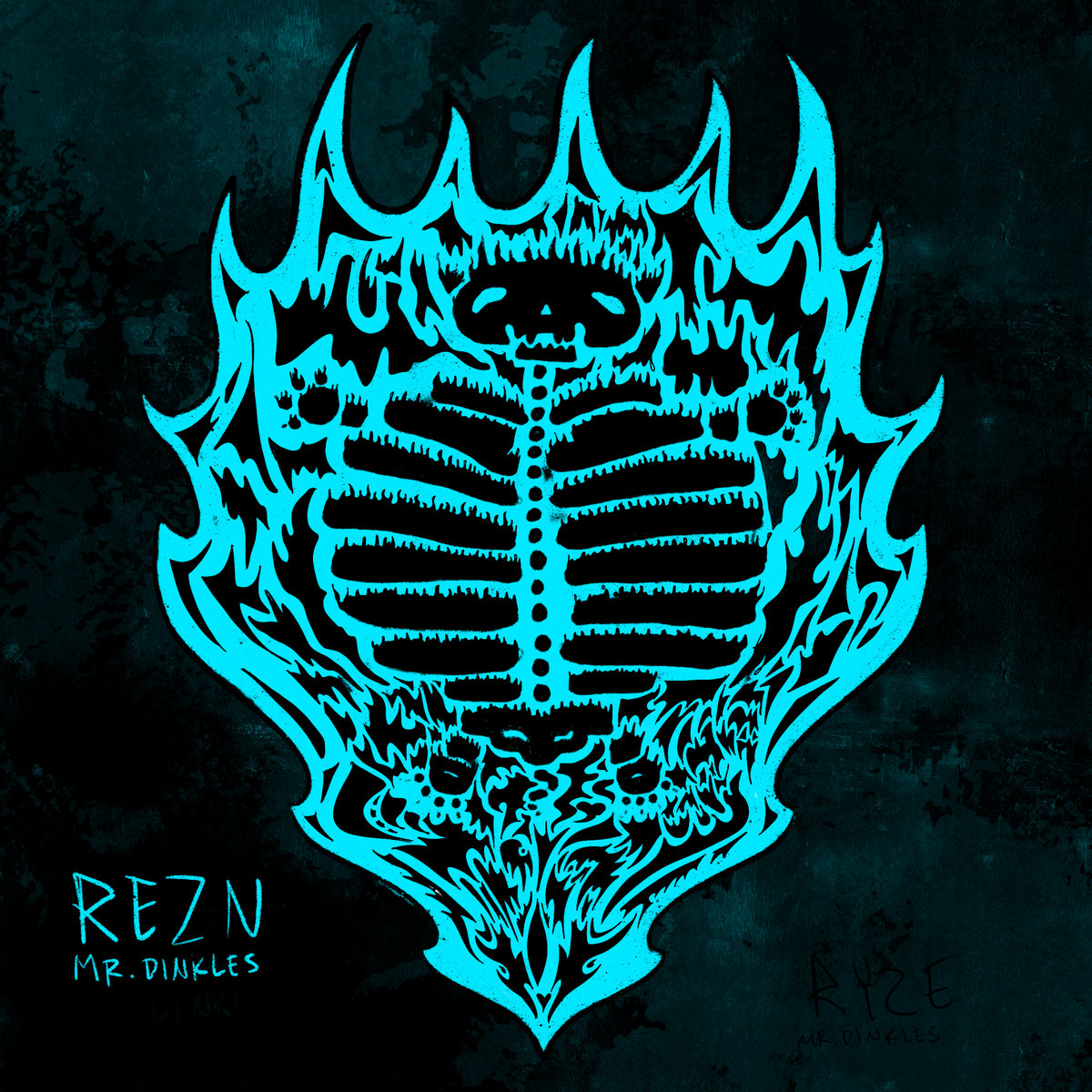 stylized blue and black marbled background, with the Mr Dinkles cat skeleton logo in lighter blue on fire, and the words 'Mr. Dinkles REZN'