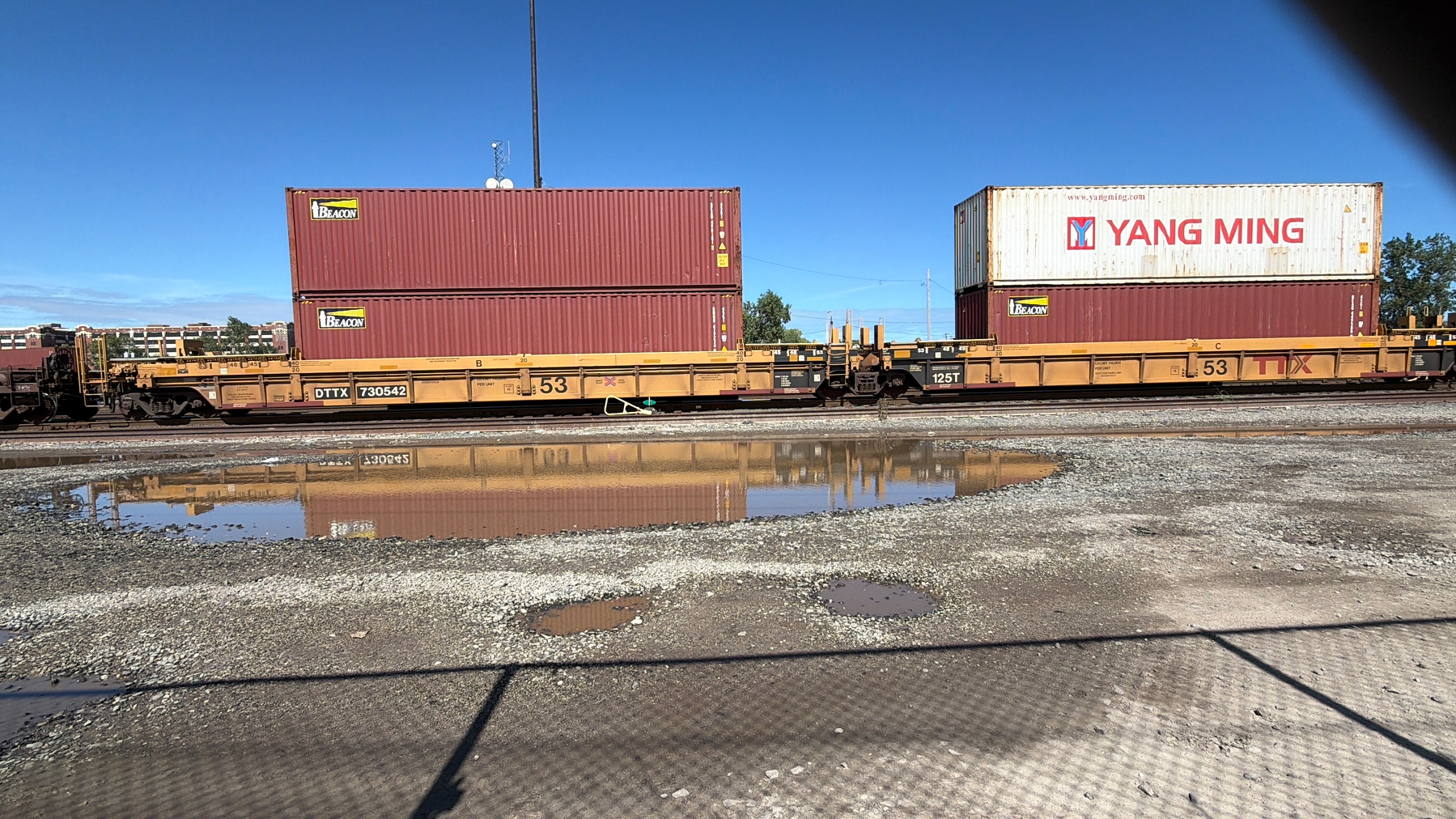 Two stacked shipping containers, one red and one white with the label YANG MING, are placed on flatbed rail cars beside a large puddle of water. Facing north from the south side of chicago 