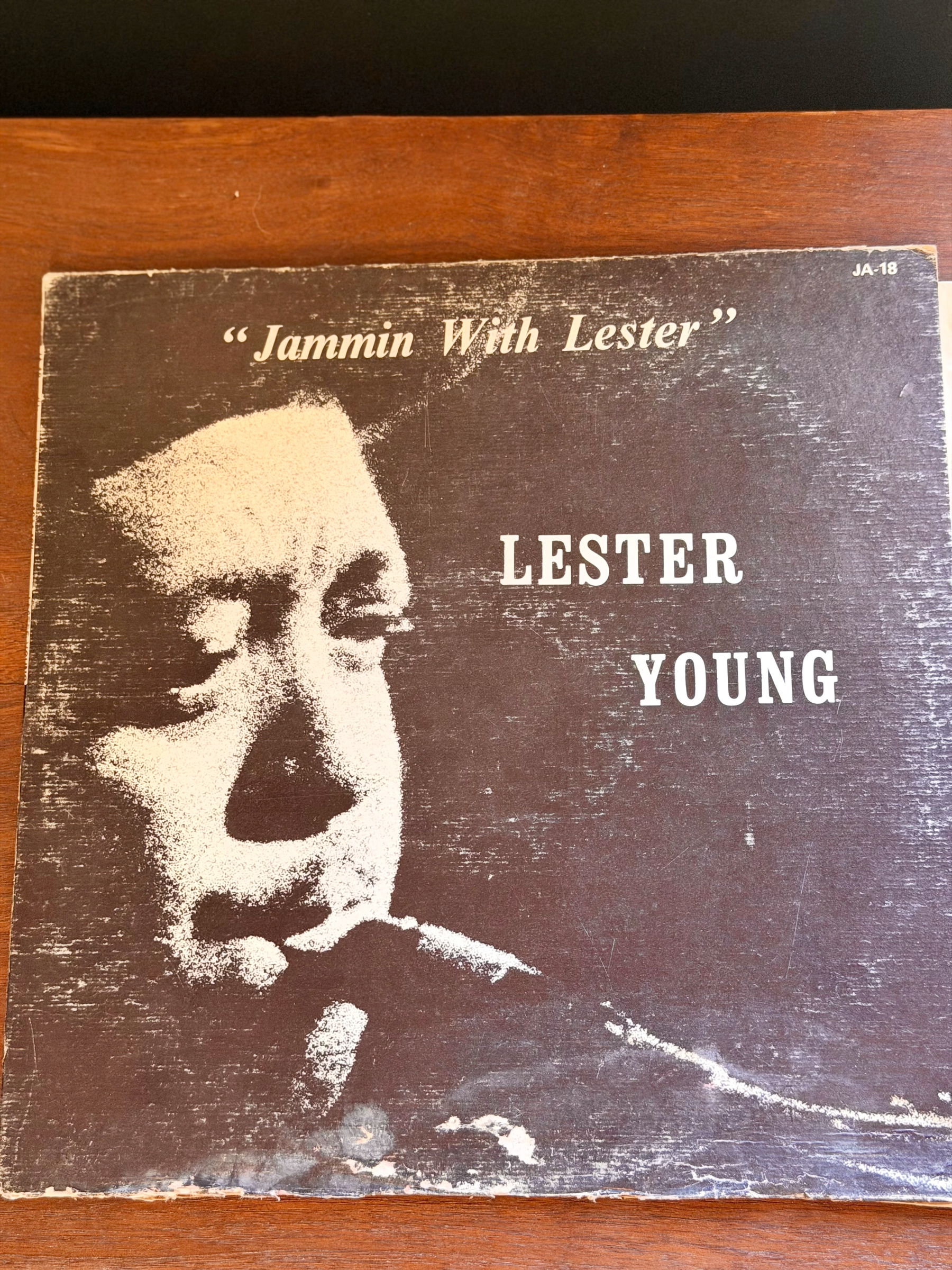 A vintage music album cover titled Jammin With Lester features a close-up, stylized portrait of jazz musician Lester Young.