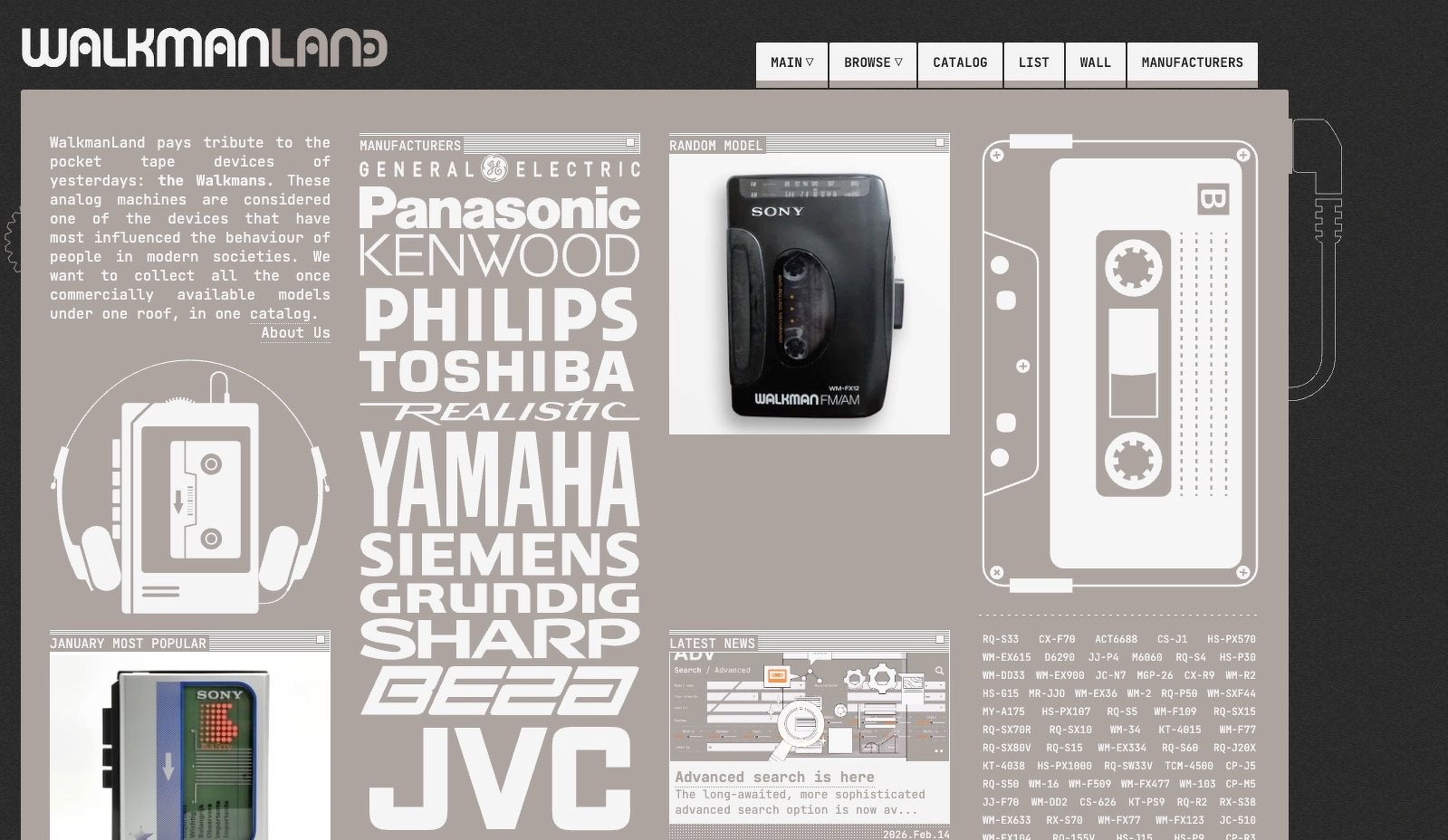 A vintage-themed webpage showcases portable cassette players and features logos of popular audio equipment manufacturers.