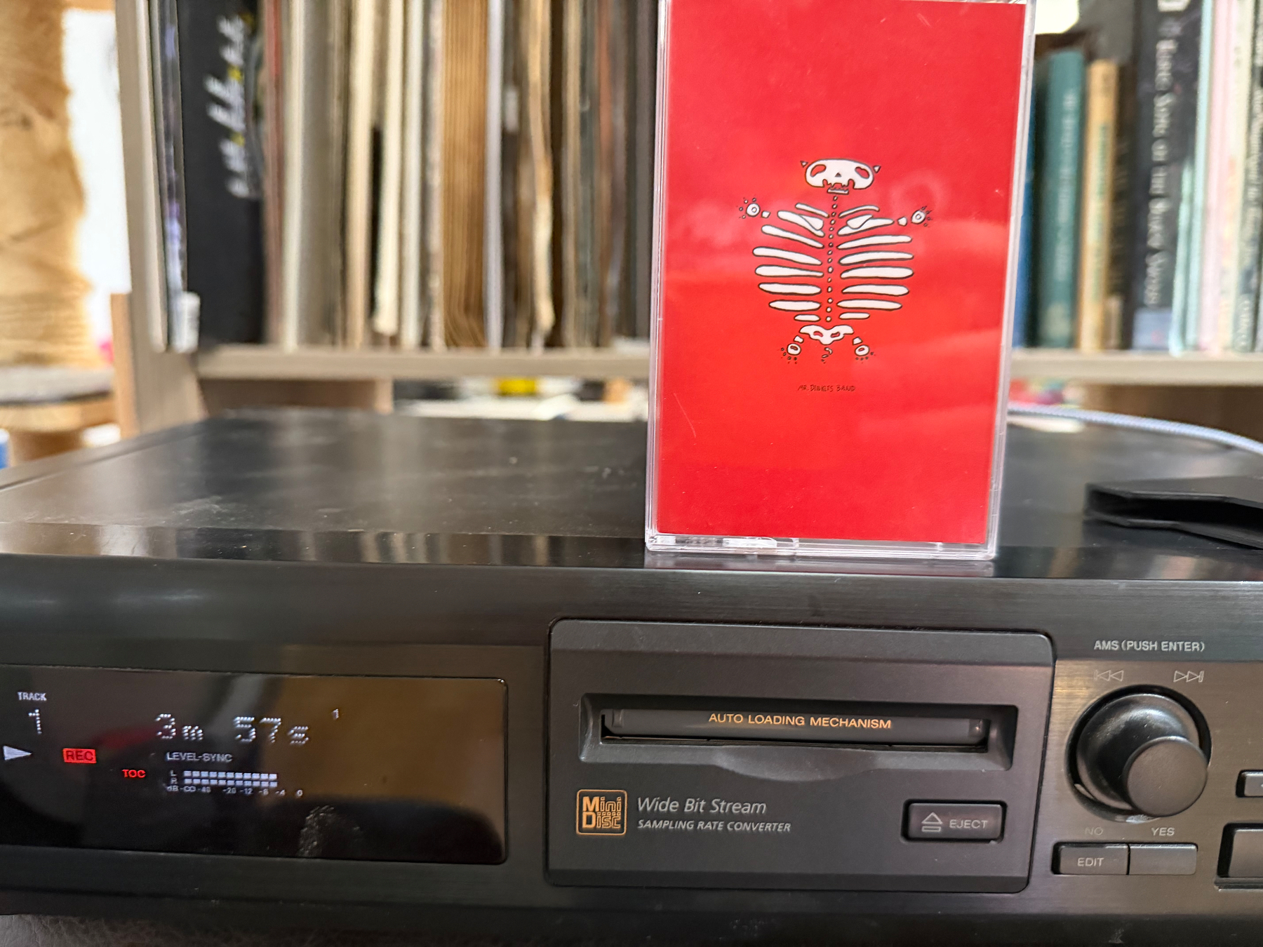A MR Dinkles cassette tape with a red cover featuring a stylized skeleton design is placed on top of a black audio minidisc player with vinyl records visible, on a shelf, in the background.
