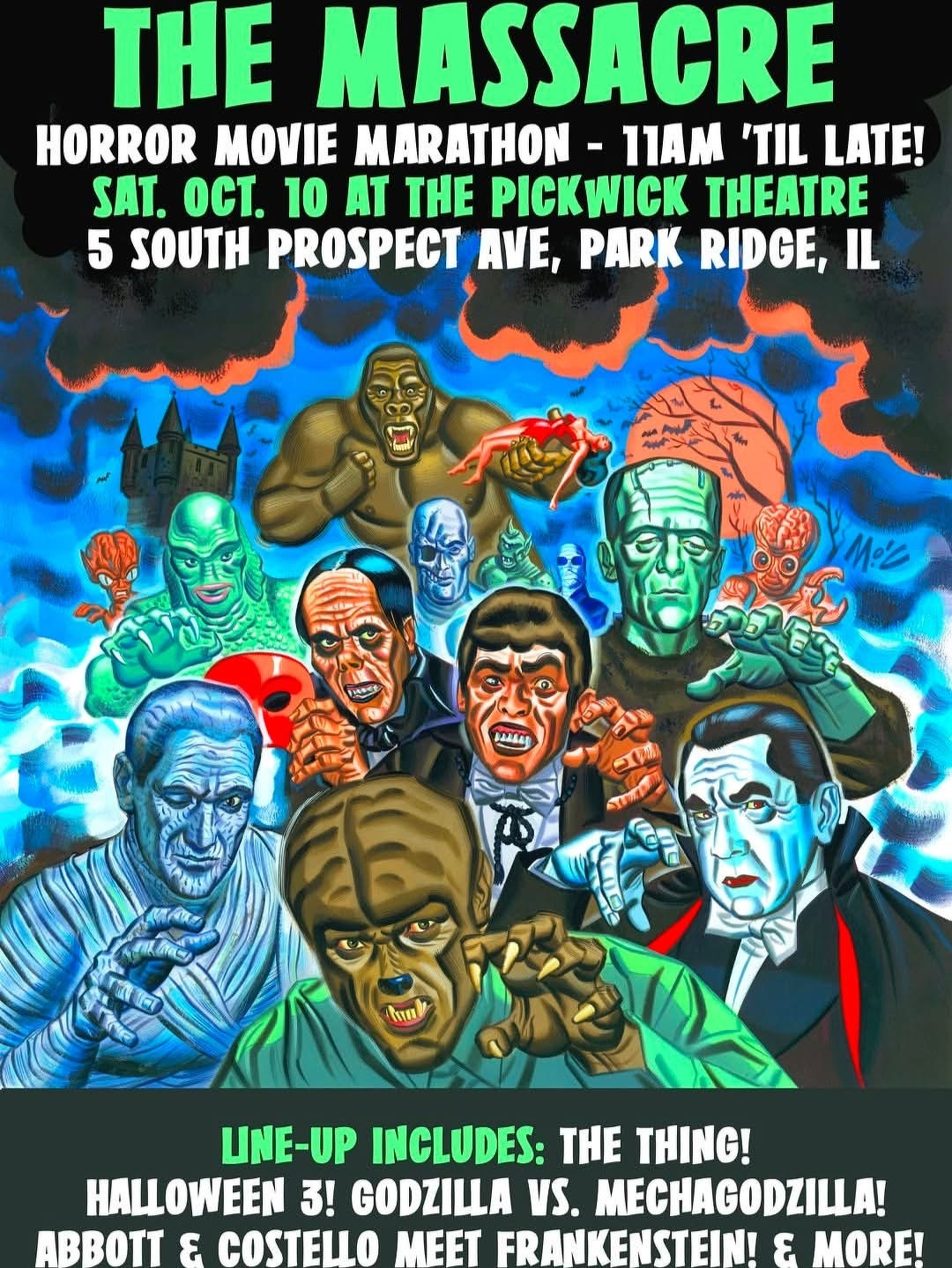 A promotional poster for The Massacre horror movie marathon features classic horror movie characters and provides event details such as date, location, and movie lineup.