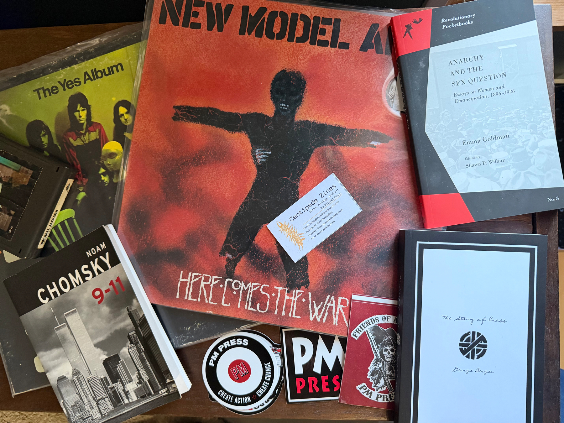 A collection of vinyl records, books, and PM Press stickers are arranged on a wooden surface.