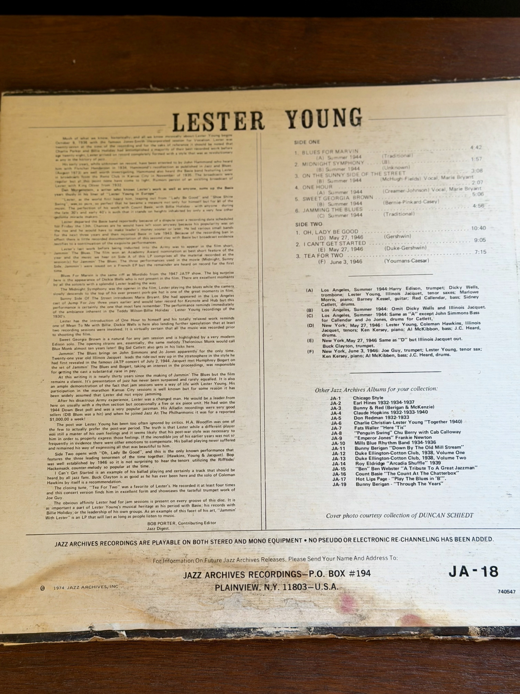 Lester Young's album cover features detailed liner notes, a tracklist for side one and side two, and information about other jazz archives recordings available for collection.