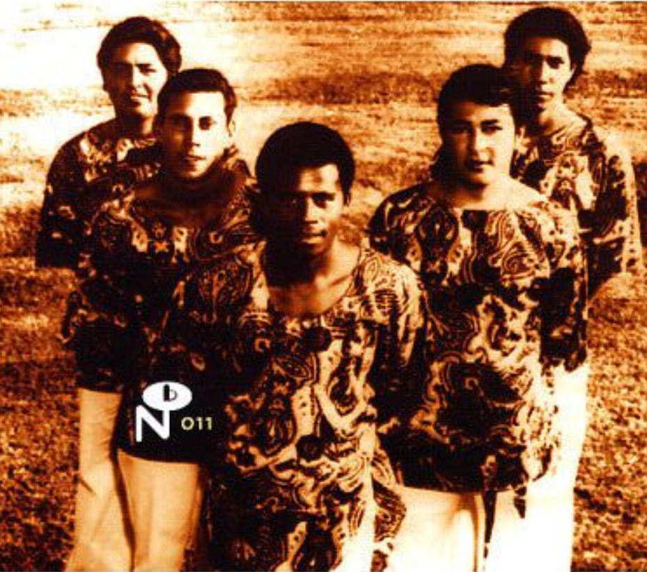 Five men are standing in a group, wearing matching patterned shirts and light-colored pants, against a grass background.  NUM011 is printed on the picture.  