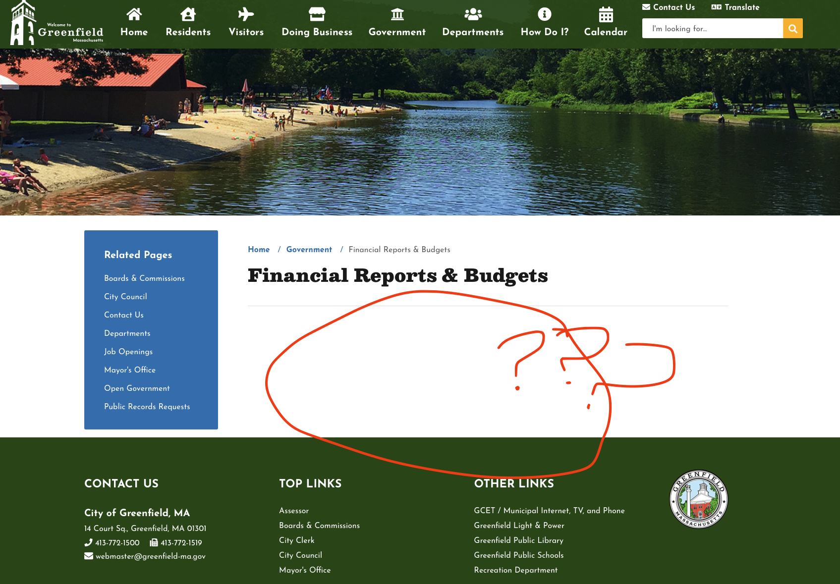 Screenshot of the Financial Reports and Budgets section of the Greenfield, MA city website