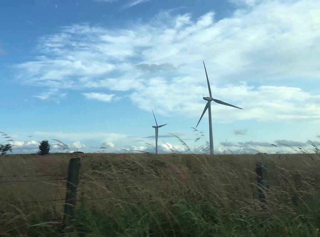 wind turbines in a field, blue sky, some clouds