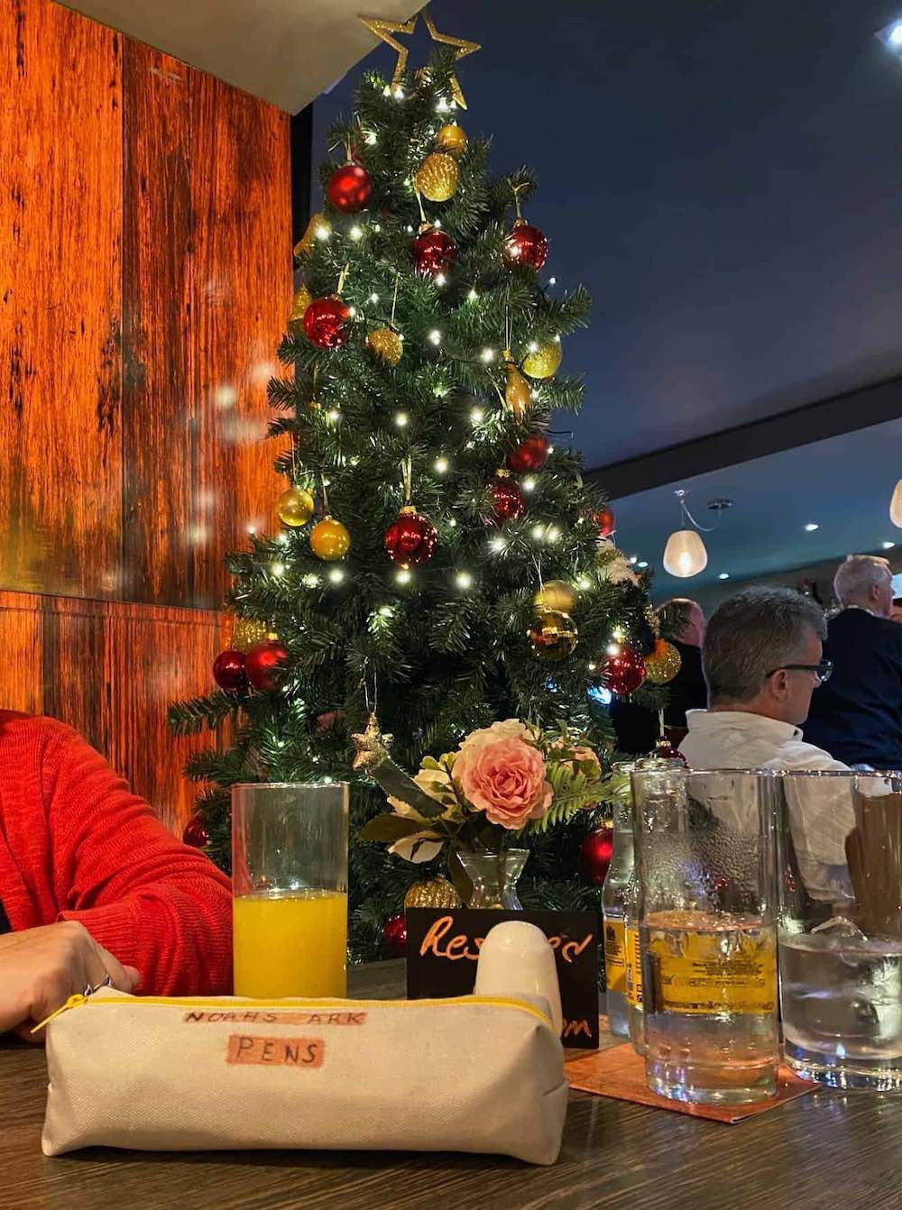 Christmas tree, drinks, interior of pub