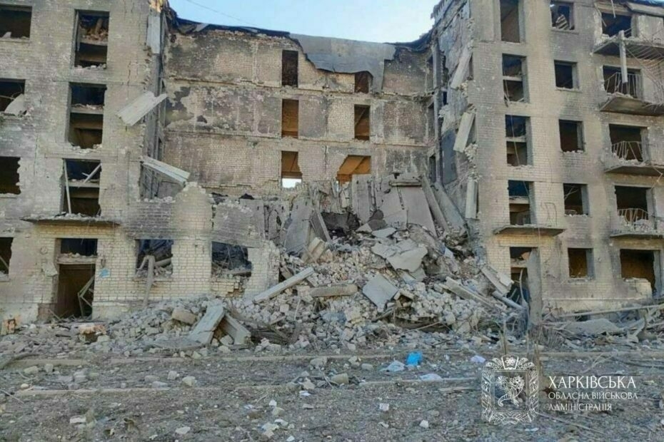 Damaged residental building in Kupiansk after Russian attack on August 5