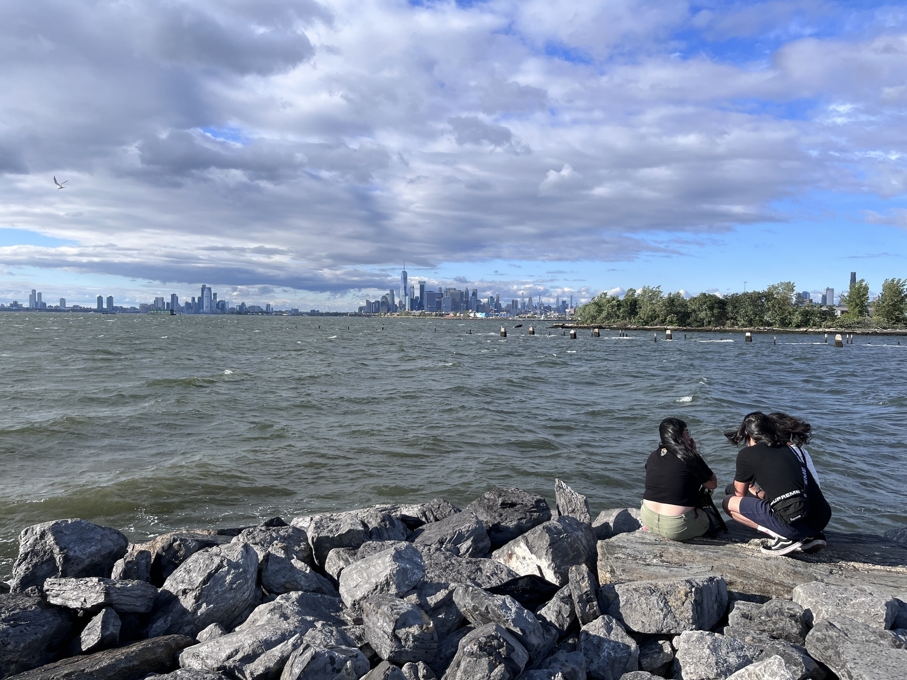 Choppy water with a stormy sky. New York City in the distance. Teenagers sit on rocks in the foreground, facing away from the camera, their long hair whipping in the wind. &10;